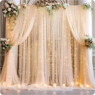 Shimmers 3 Pcs White Net Curtain Backdrop Set with Ribbon & 3 Hooks – Sheer Fabric Drapes for Wedding Decoration, Birthday Party, Baby Shower, Stage Decor, Photo Booth Background Setup