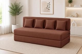 Los Angeles Foldable Four Seater Sofa Cum Bed, Sofa Bed 6 X 6 Ft, Jute Fabric Washable Cover Including 4 Cushion Perfect for Living Room - Brown Color