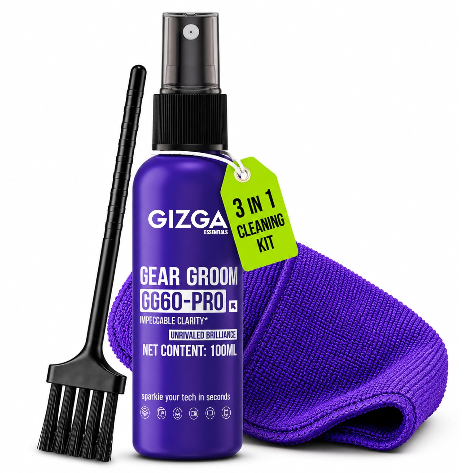 Gizga Pro Series 3-in-1 Laptop Cleaning Kit | 100ml Screen Cleaner Spray, Microfiber Cloth & Cleaning Brush | Alcohol-Free Laptop Screen Cleaner for PC, Mobile, TV, Camera Lens, Tablet & Keyboard