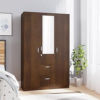 Nilkamal Mozart 3 Door Wooden Wardrobe with Mirror for Bedroom | Almirah with Hanging Rod, 8 Shelves, 3 Drawers | Clothes Cupboard | Engineered Wood | Walnut