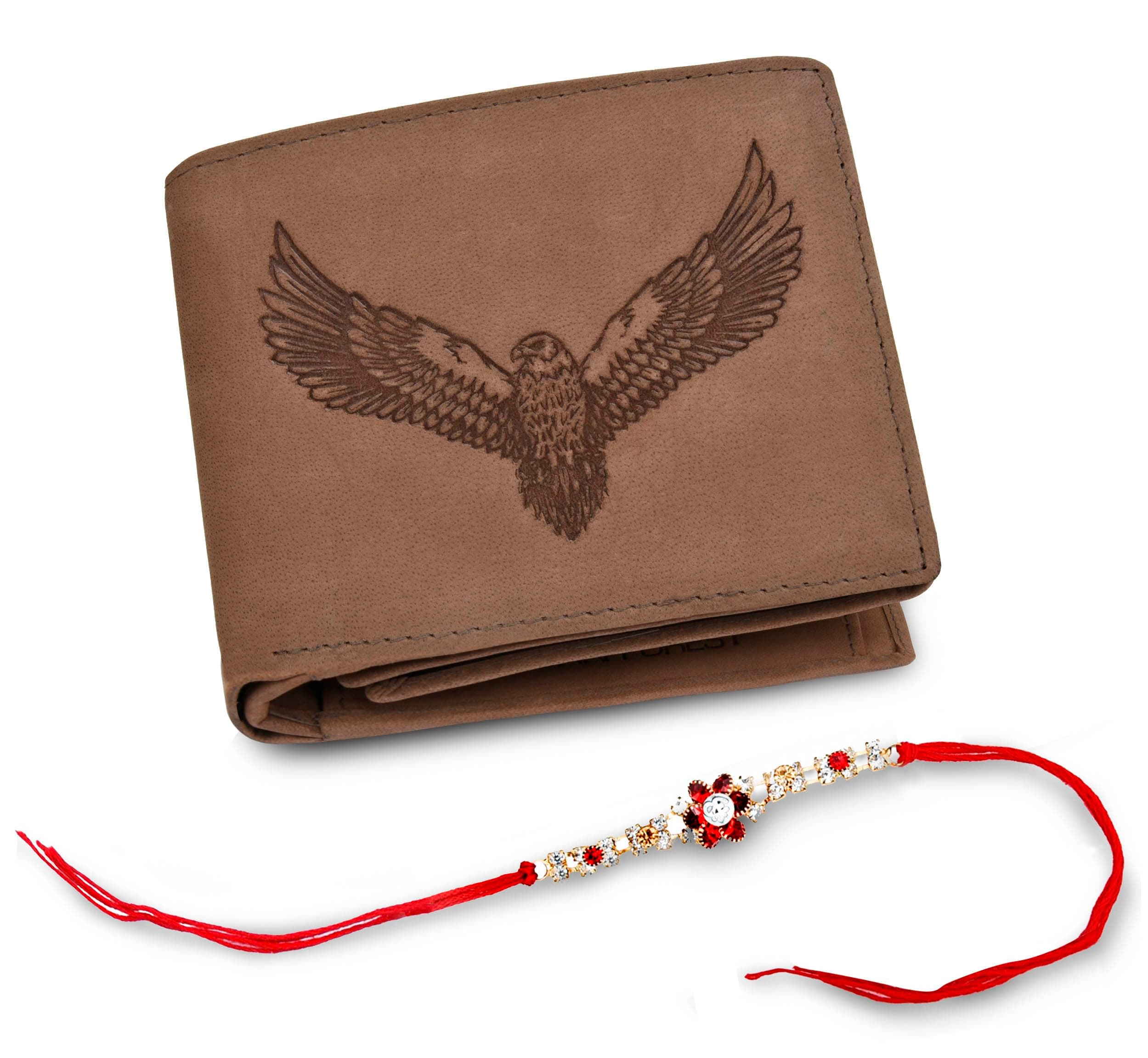 URBAN FOREST Rakhi Gift Hamper for Brother - Vintage Tobacco Men's Leather Wallet and Rakhi Combo Gift Set for Brother - 4581R