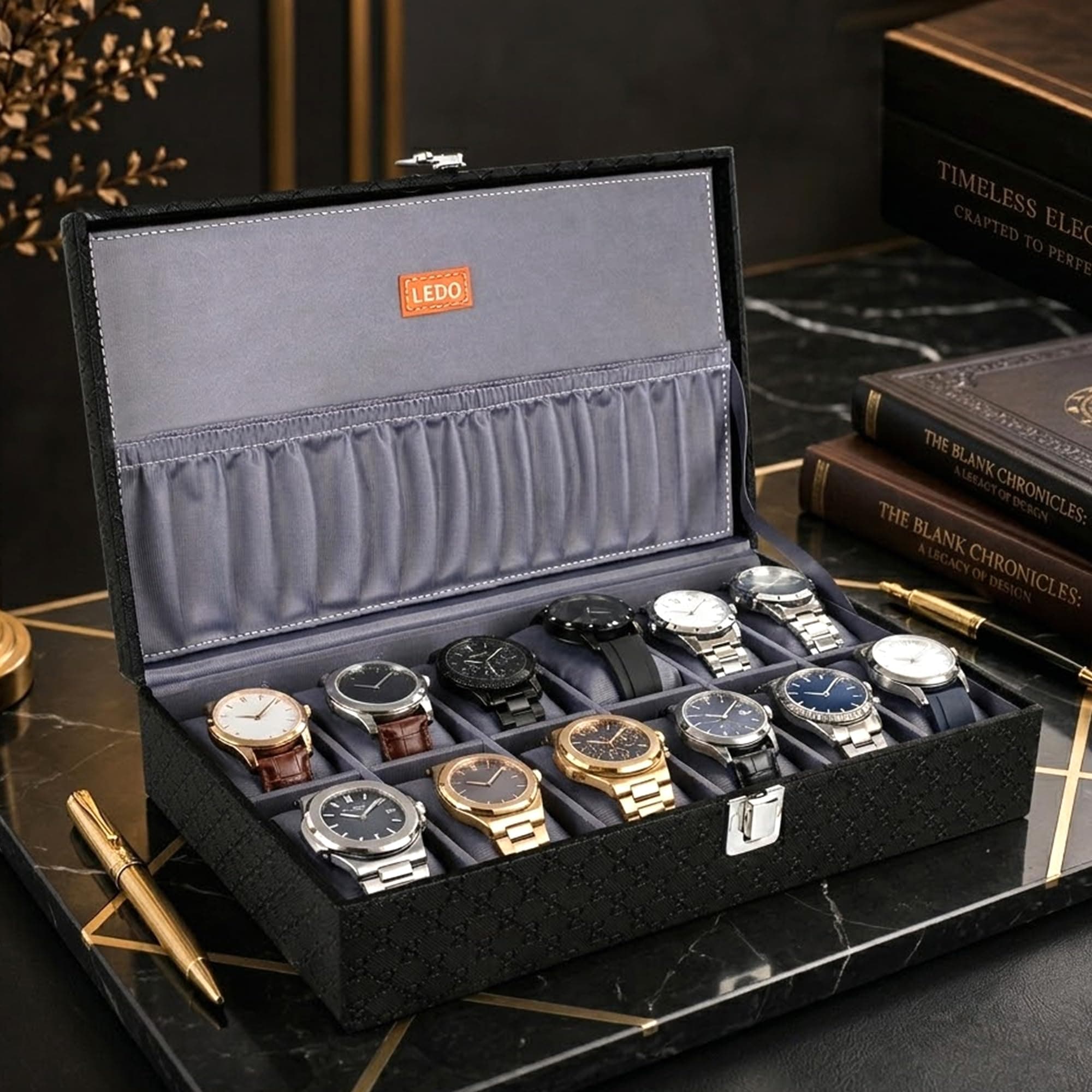 LEDO Men's and Women's Watch Box Organizer Case with 12 Slots in Black Color with Gray Velvet