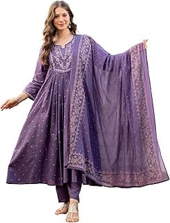 PARTHVI Women’s 100% Pure Cotton Anarkali Kurta Set with Pant & Dupatta | Embroidered Flared Kurta | Elegant Ethnic Suit