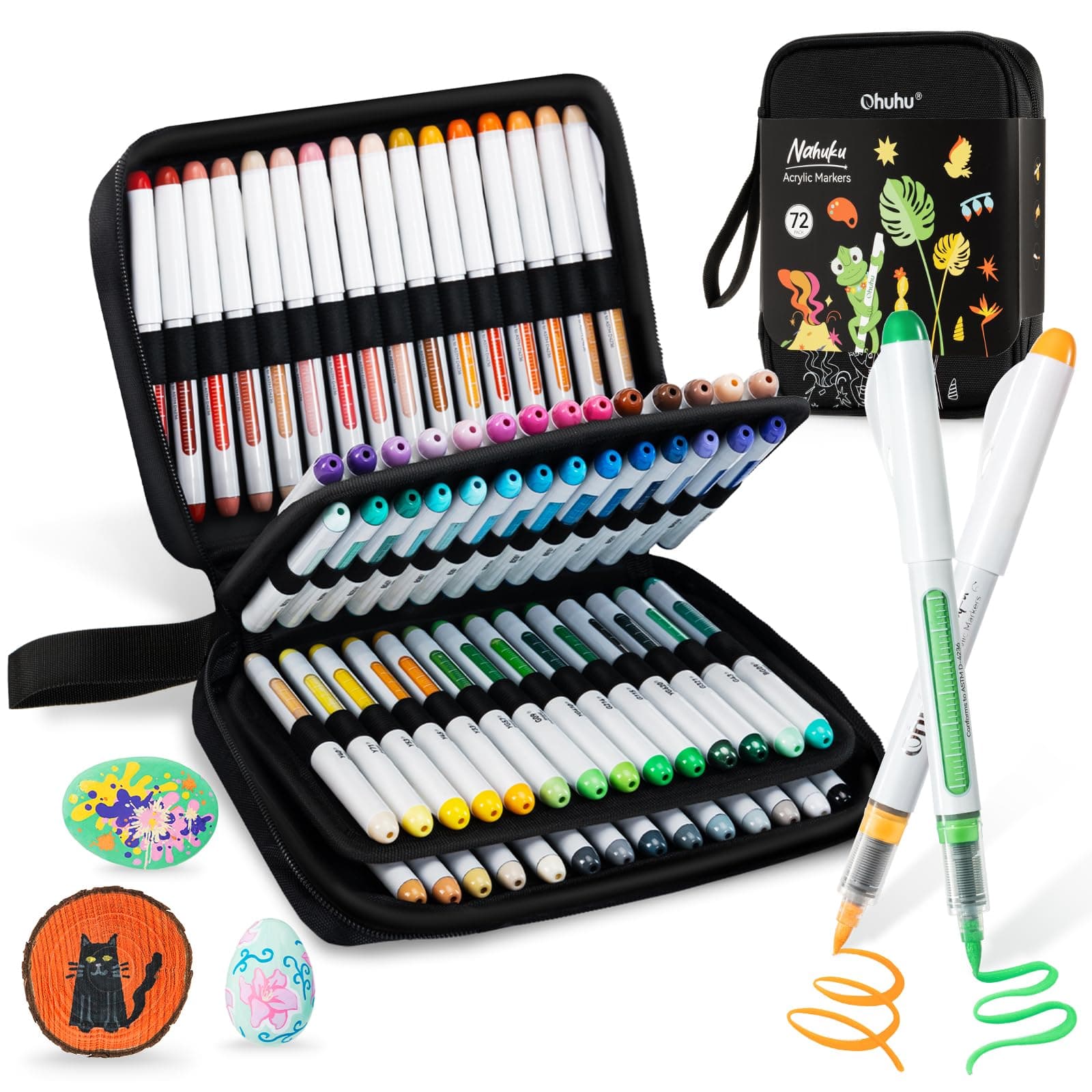 Ohuhu Acrylic Markers Set Brush Tip: 72 Colors Paint Pens - Nahuku | Automatic Ink Control High Opacity Paint Pens Waterproof Lightfast for Rock Painting 3D Prints Easter Eggs Wood DIY Crafts