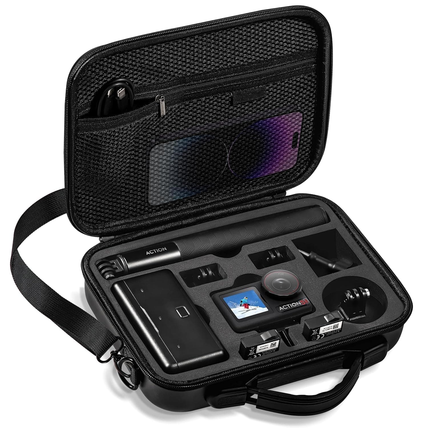 Sounce Carrying Case for DJI OSMO Action 3/4/5 Pro Camera – Hard Shell Travel Storage Bag with Shoulder Strap, Shockproof & Waterproof Protection, Custom Compartments for Accessories (Black)
