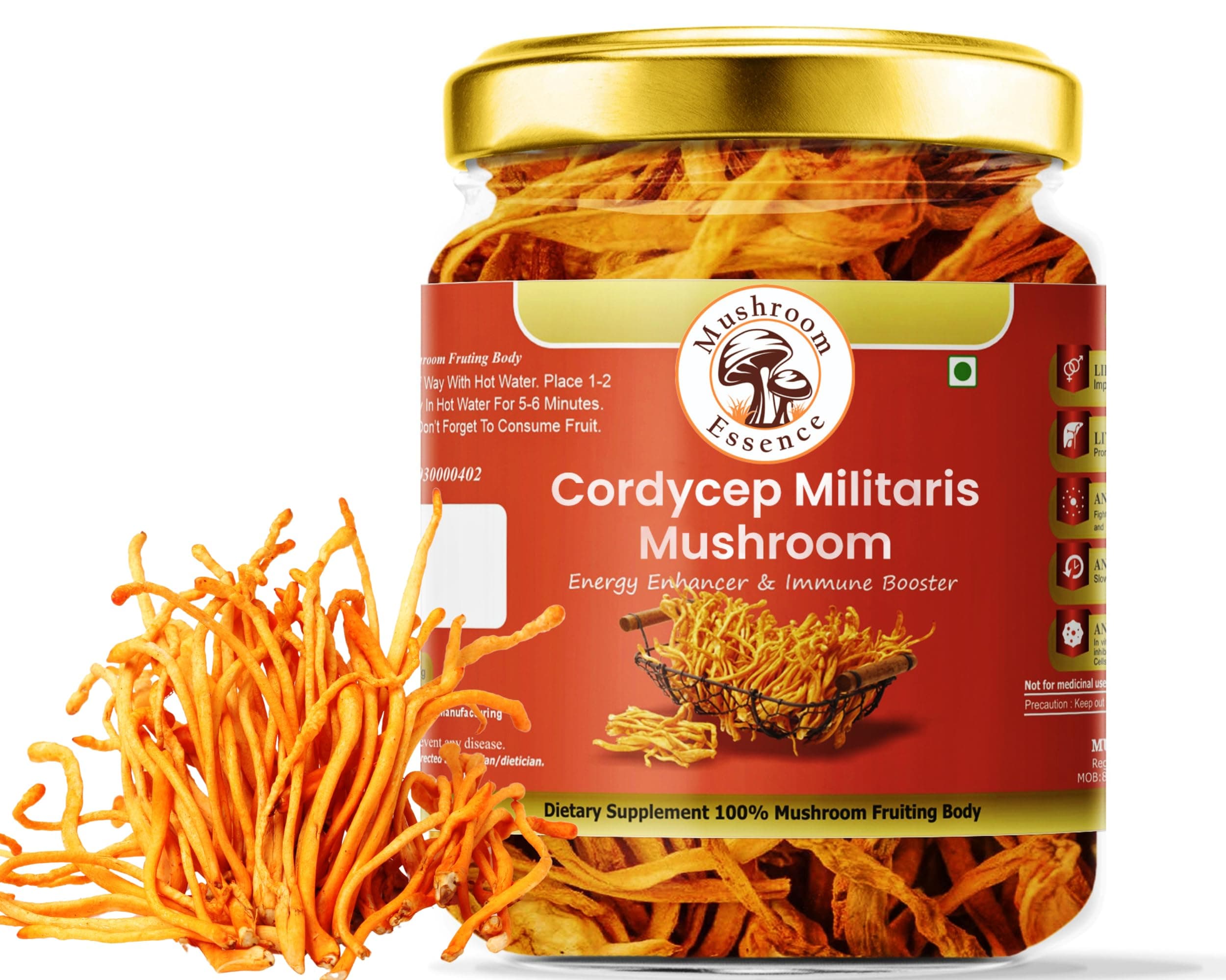 Mushroom Essence Cordyceps Militaris Dried Cordyceps Mushroom (35g) | Premium Cordyceps Fungus for Energy, Endurance & Immunity | Pack of 1