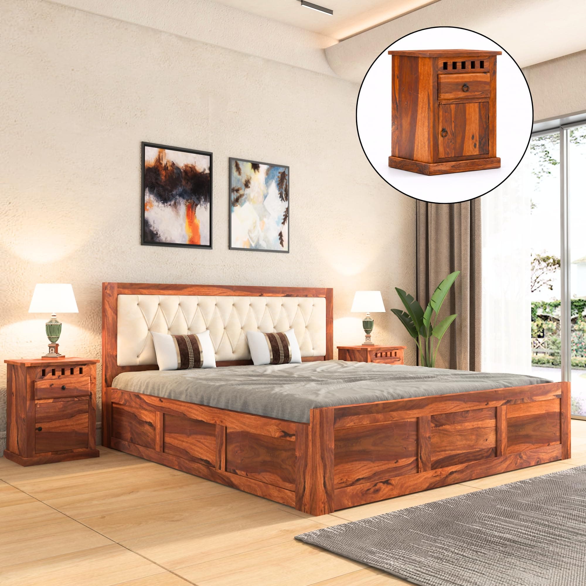 SONA ART & CRAFTS Zeus Solid Sheesham Wood Queen Size Bed with Storage Box + 2 Side Tables | Queen Size Cot Bed Upholstered Cushioned Double Bed with Box - Natural Finish (Assembly Included)