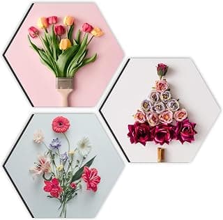 SAF paintings Preety Flower and Leaf in Cone Pot 3 Pieces UV Textured Multi-Effect Self adheshive Painting 17 Inch X 17 Inch SANFHX31155