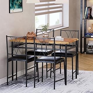 DecorNation Solid Wood and Metal 4 Seater Dining Room Set - Dining Table with 4 Upholstered Chairs for Home and Office, Rustic Brown