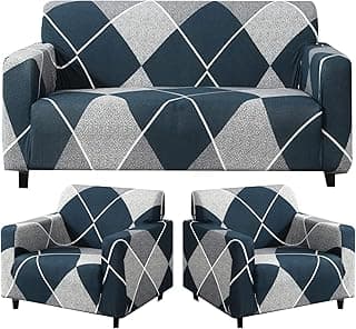 Sofa Cover 3 Seater and 2 Seater Fully Covered Universal 5 Seater Sofa Cover (3+1+1) | Non-Slip Sticky Elastic Stretchable, Imported Slipcover Protector (Blue Rhombus)