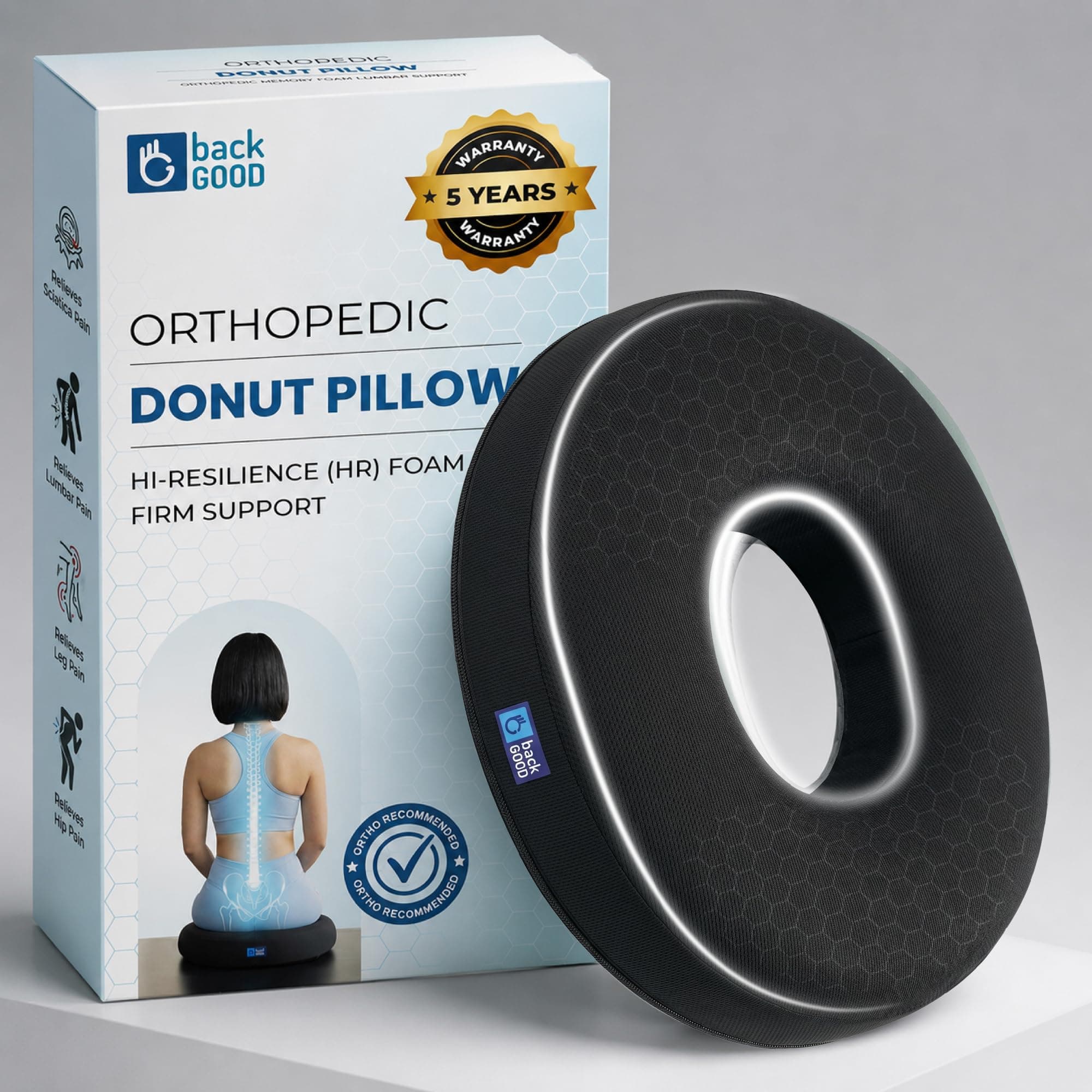 BackGood Donut Pillow for Tailbone Pain| 5-Years Warranty |Orthopedic Coccyx Cushion for Sitting, Hemorrhoids & Piles Relief, Sciatica Support, Pregnancy Pain| Donut Ring Seat Cushion for Car| 100 Kg