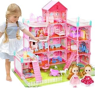 Huge Castle-Villa 11-Room Dollhouse with 2 Dolls, Furniture & Accessories, 31" x 28" x 27" Dream House, Pretend Play Gift for Girls/Boys Ages 3 4 5 6 7 8 9 10+, Multicolor