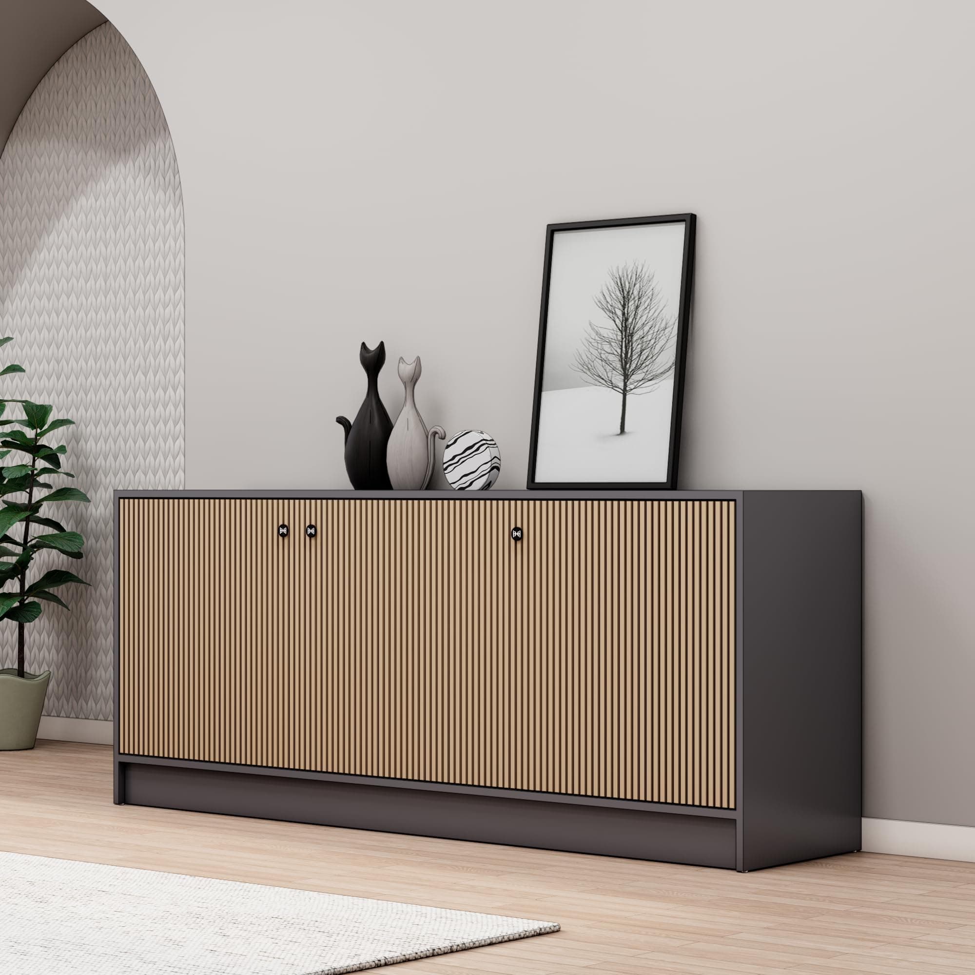 Bniture Luxe Storage Cabinet for Living Room | Wooden Sideboard Cabinet with 3 Door & 3D Textured | Multipurpose Storage Cabinet Organizer for Home Hallway, Bedroom & Kitchen | Grey & Giant Wood