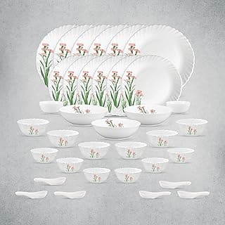 La Opala Opal Glass Crockery | for Family of 6 | Dinner Set 35 pcs Pink Florets | Plates & Bowls for Dining | Microwave Safe | 100% Vegetarian | Extra Strong | Extra Light & White