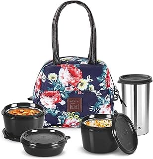 MILTON Floret Lunch Box with Insulated Fabric Jacket, 3 Microware Safe Inner Stainless Steel Containers 180ml, 320ml, 320ml &Tumbler with lid 415ml, Leakproof Tiffin for Office, College, Navy Blue
