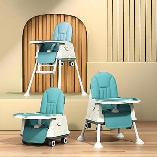 Cockatoo Kids BiteBuddy 3-in-1 Foldable Baby High Chair with Double Removable Tray, Booster Seat & Wheels, Adjustable Feeding Chair for Kids, Anti-Slip Legs, 3-Point Harness – 3M to 5Y, 40kg Sea Green