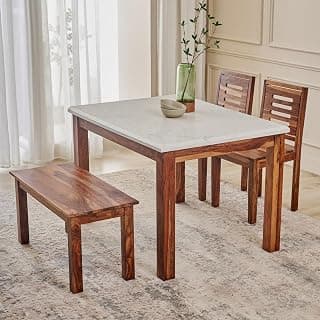 Sheesham Wood 4 Seater Dining Table Set with Marble Finish on Wooden Top | Wooden Dining Table with 2 Chairs & Bench | Modern Dining Room Furniture Set for Home & Kitchen (Teak Finish)