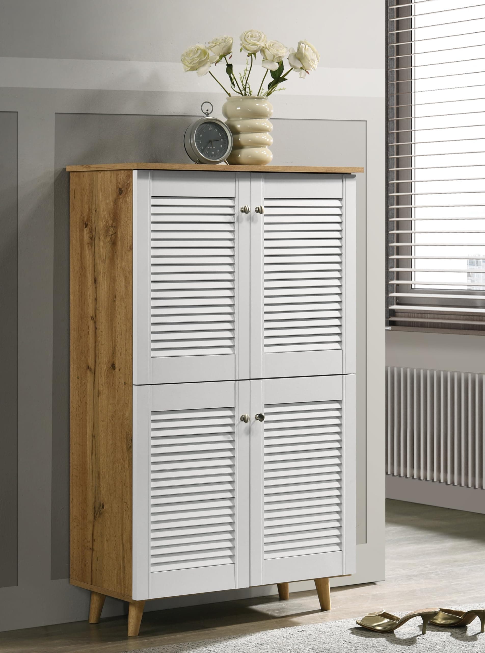 DeckUp Noordin 4-Door Engineered Wood Shoe Rack (Wotan Oak & White, Matte Finish)