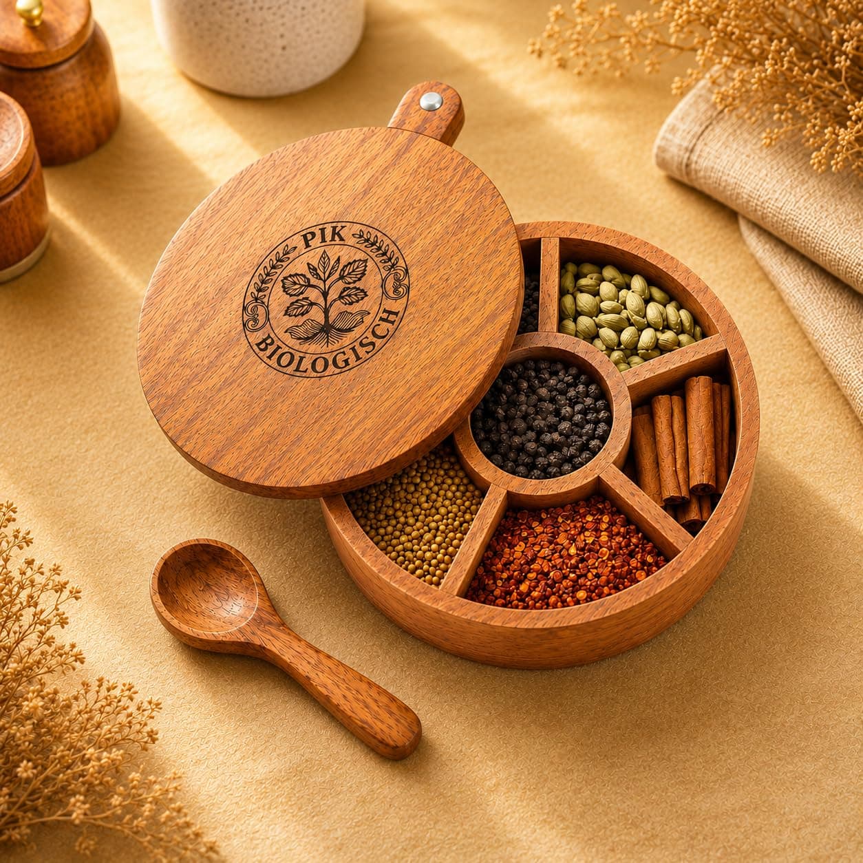 PIK BIOLOGISCH Wooden Masala Box for Kitchen | Masala Box with 5 Compartments | Wooden Spice Box | Anjarai Petti | Masala Box Wooden with Spoon | Housewarming Gift