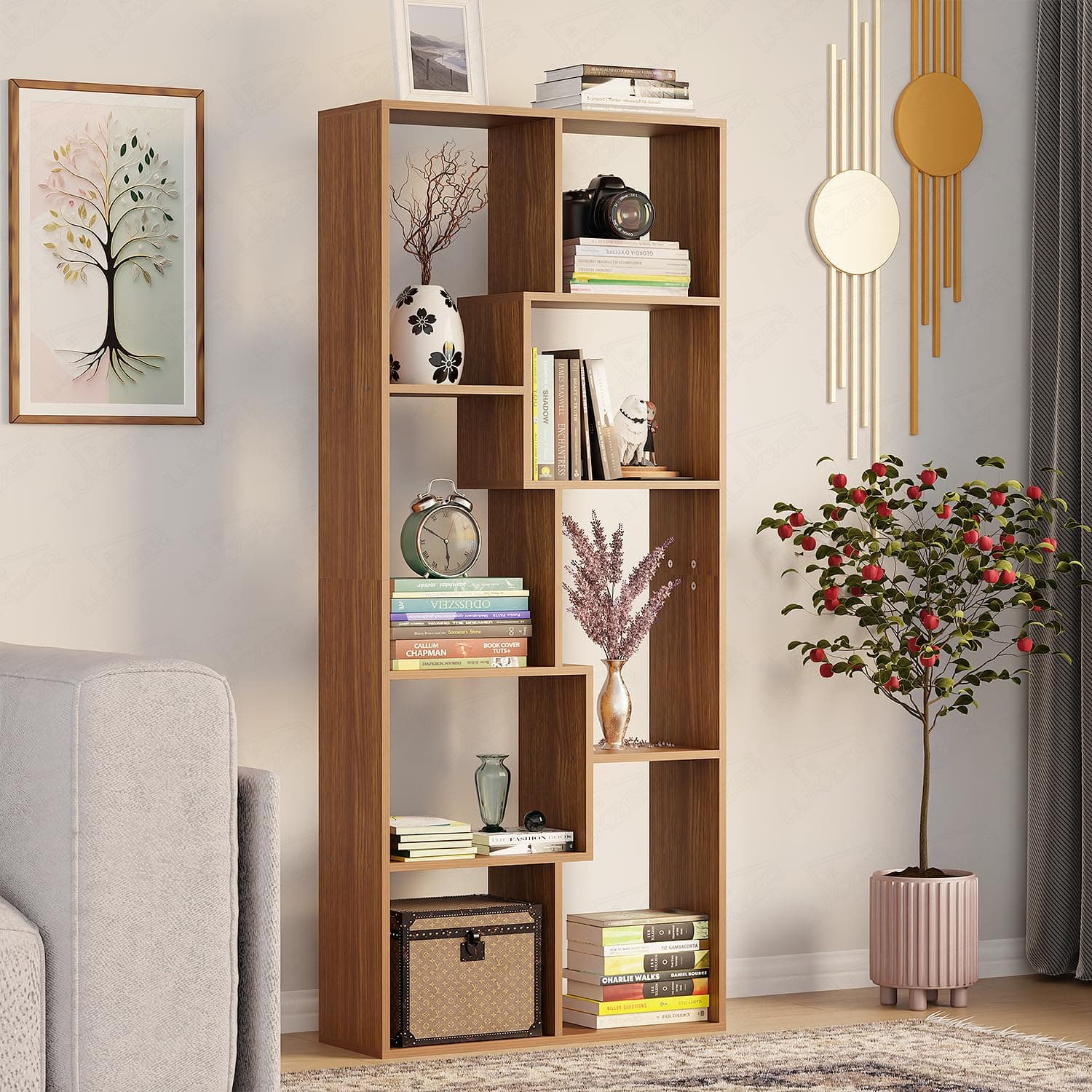 Lukzer 8-Shelf Modern Engineered Wood Bookcase with Storage, Display Rack & Open Bookcase | MR-004/Oak Brown | DIY Bookshelf for Living Room, Bedroom, Office, Study, Hallway (164 x 24 x 70 cm)