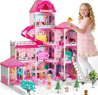 DIY Dollhouse for Girls - 4-Level 10-Room Villa with 2 Dolls, 4 Dogs & Rich Accessories, Dolls House Toys for Kids 4-8 Years Old