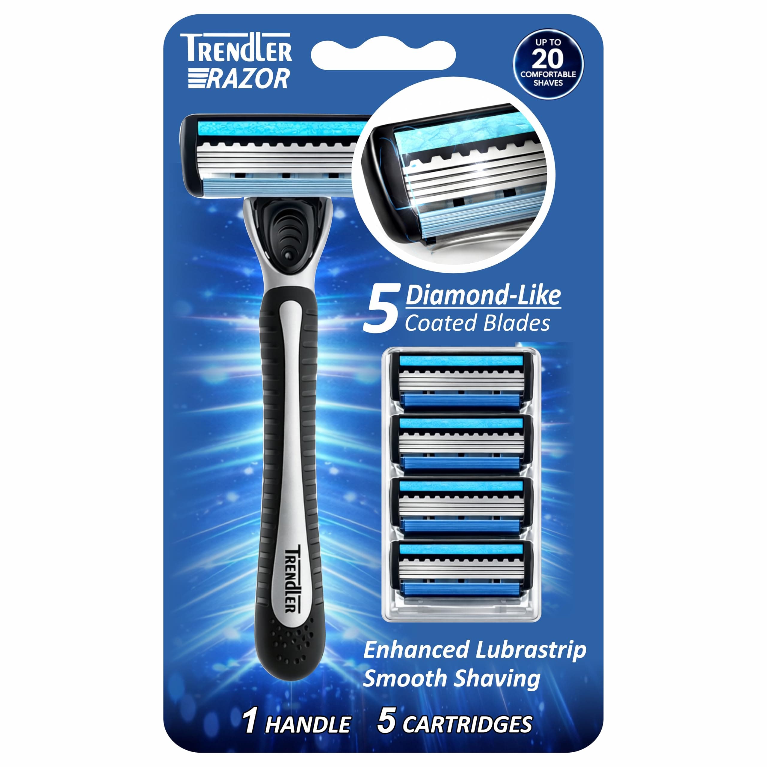 TRENDLER Razor 5 Blade Manual Shaving Razor for Men with 5 Cartridges | Lubrication Strip with Aloe & Vitamin E | Smooth Close Shave | Anti-Slip Grip | Pivot Head Razor