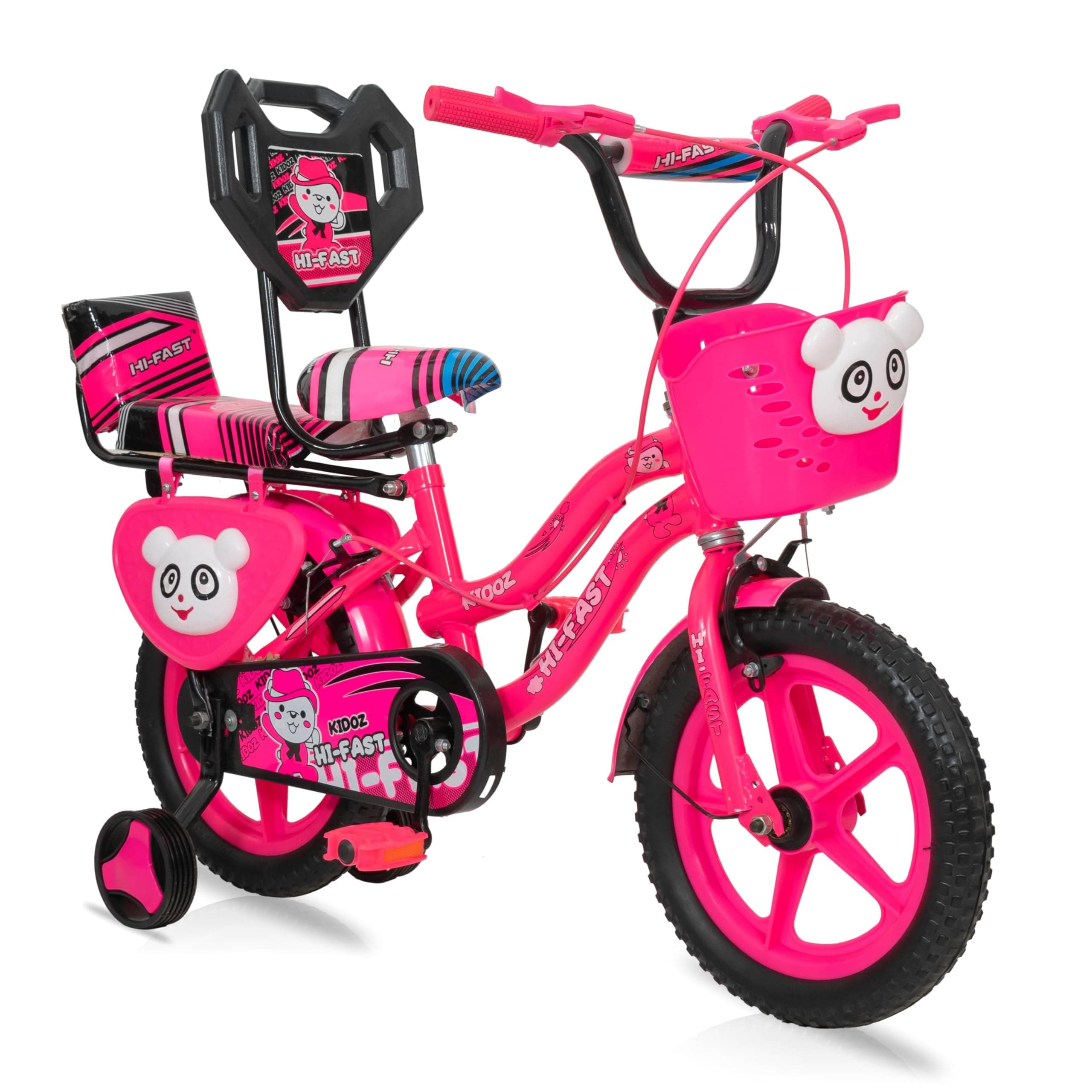 HI-Fast 14 inch Kids Cycle for Boys & Girls 2 to 5 Years with Back Seat & Training Wheels (95% Assembled), (Pink),Rigid