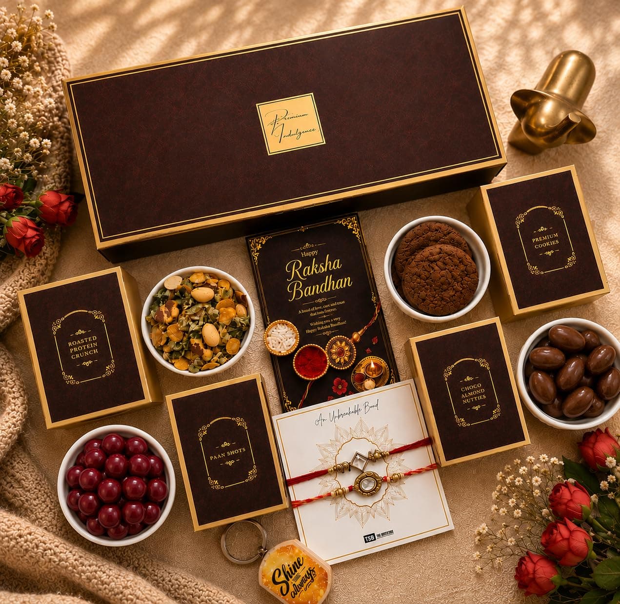 NutriSnacsBox Luxury Rakhi Brown Hamper for Brother | Premium Cookies, Paan Shots, Protein Crunch & Choco Almond Nutties | 2 Decorative Bhaiya Rakhis, Wooden Keychain, Roli Chawal & Greeting Card | Festive Gift Box