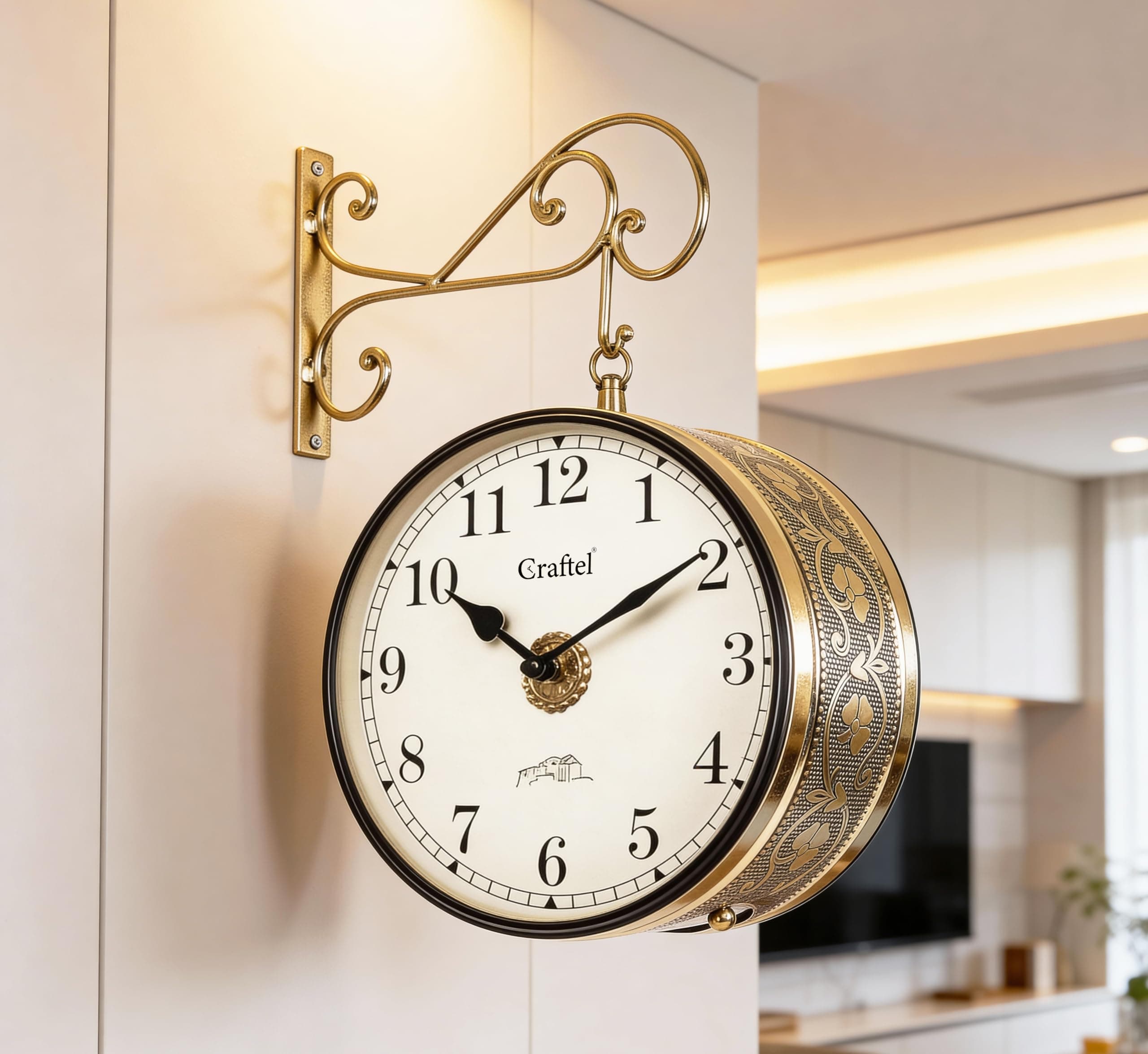 CRAFTEL Double Sided Station Wall Clock Multi-Layer Electroplated | Both Side English Numerals | Aluminum Matte-Finish Dial | Dial - 10 Inches, Shiny Gold | 365 Days Warranty
