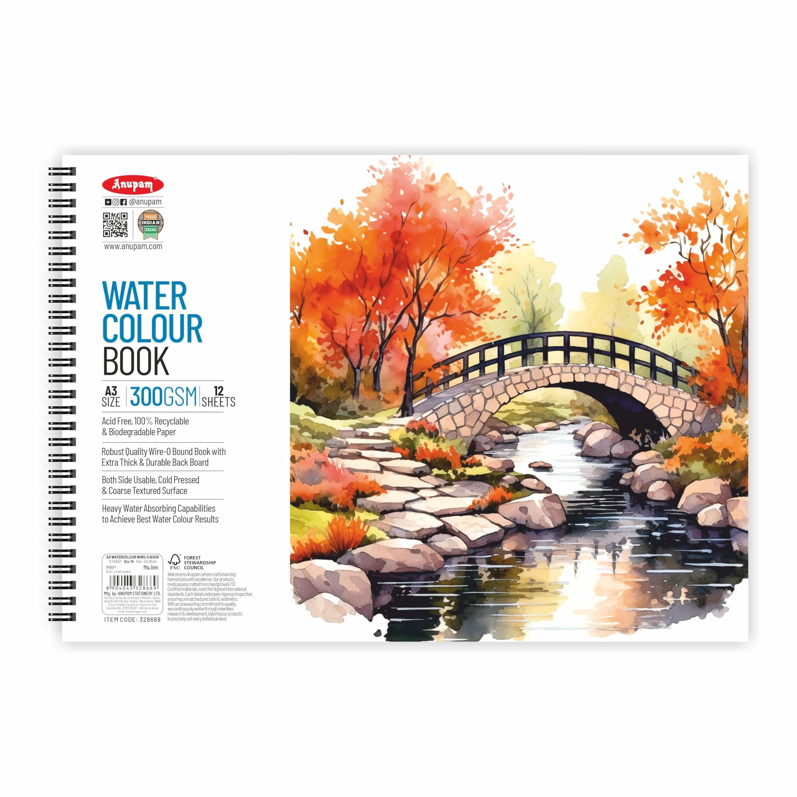 Anupam Artists Watercolour Wire-O Book 300 GSM Cold Pressed A3 24 Pages for Watercolour, Gouache, Ink, Acrylic, Wet & Mixed Media, Art Painting, Drawing for Artists & Amateurs