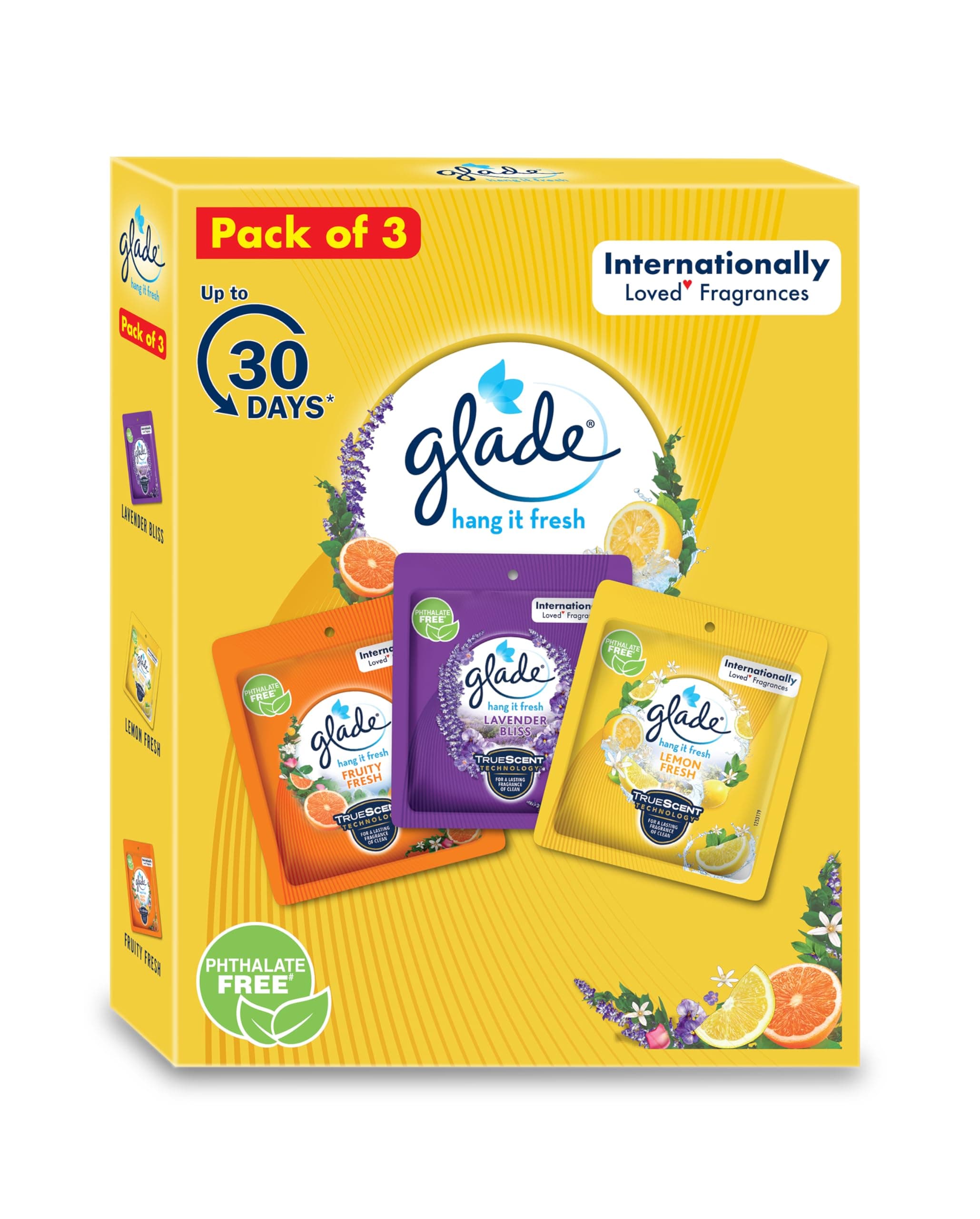 Glade Hang-it Fresh Pack of 3: Fruity, Lavender,Lemon-Internationally Loved Fragrances| Lasts Upto 30 Days| Air Freshener for Home | Room Freshener Pocket Gel for Bathroom, Car, Closet, Toilet