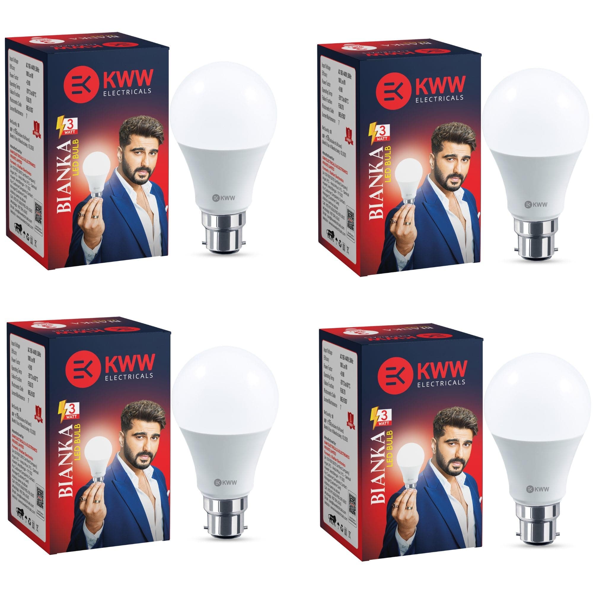 KWW 3W LED Bulb B22 Pack of 4 | 3 Watt LED Light White | Energy Saving 3W LED Bulb | 240° Beam Angle | BIS Certified | 1 Year Warranty