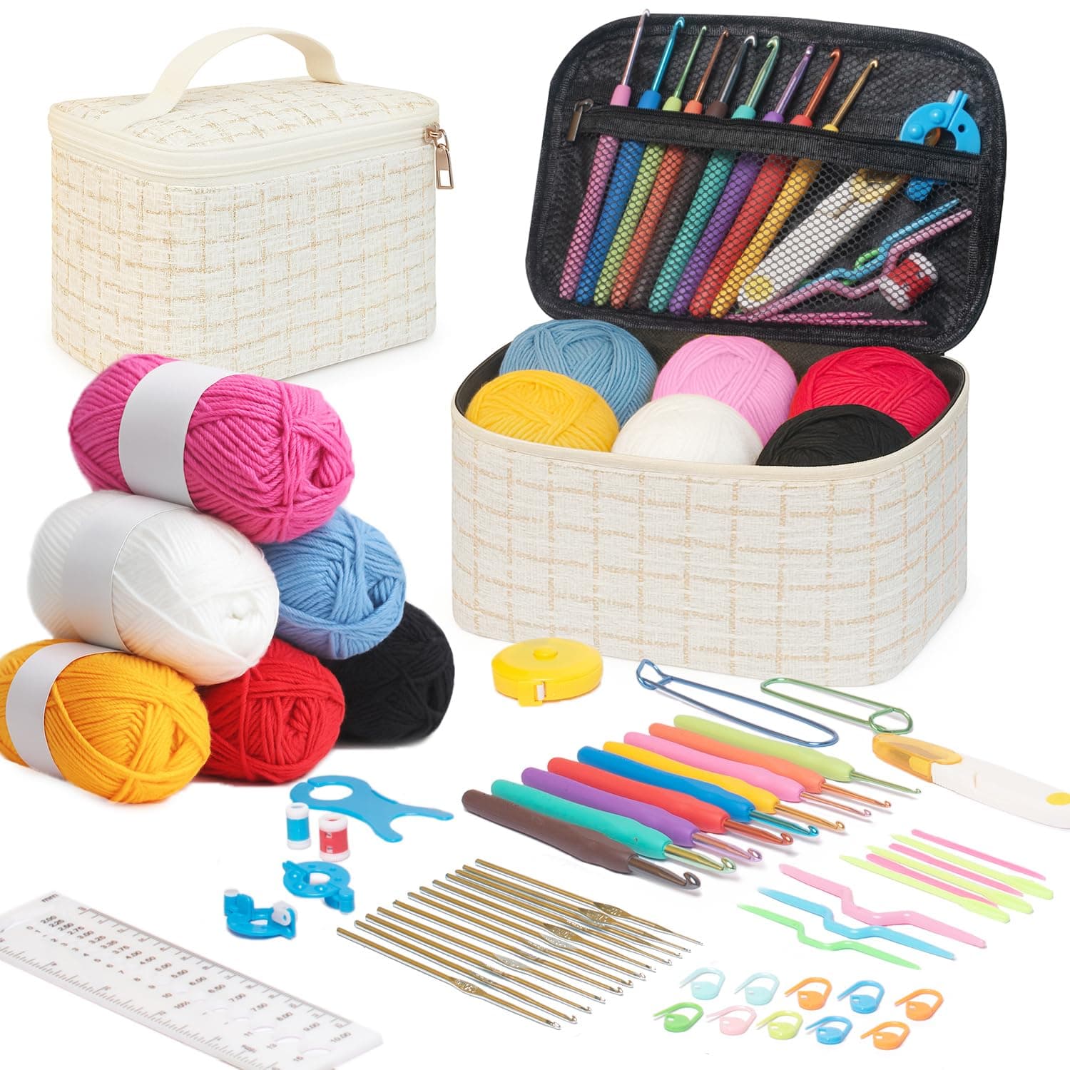 BLISSO 59 Pcs Crochet Set - Ergonomic Crochet Kit for Beginners Adults for 1000's of DIY's with Yarn & Tools (Pearl Edition)