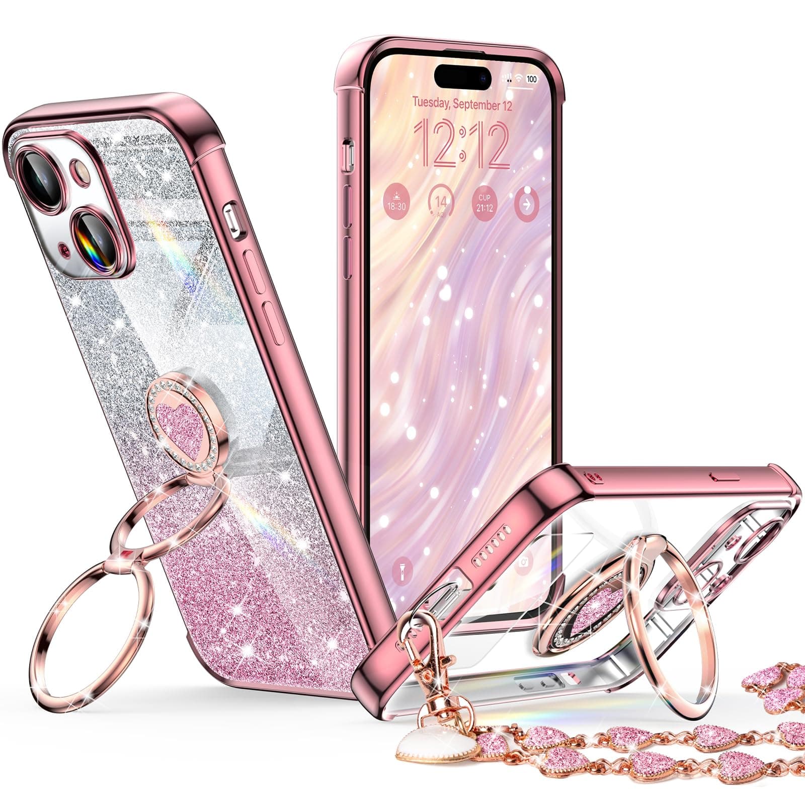 XYZ for iPhone 15 Back Cover Case with Stand, Phone Case with Double Ring Kickstand, Women Girls Cute Love-Heart Luxury Bling Protective Case Heart for iPhone 15 6.1 inch, Rose Gold