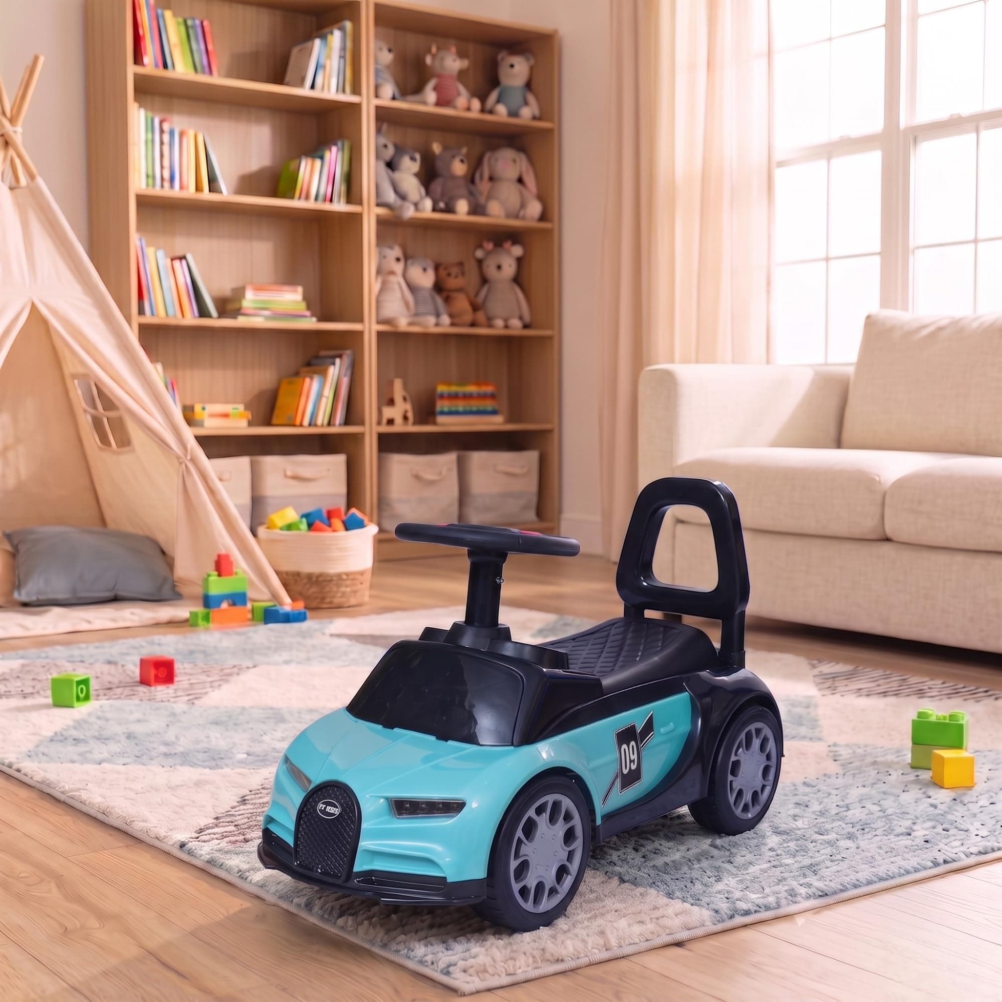 Vini Toys Bugatti-Inspired Ride On Car for Kids | Push Ride On with Backrest, Steering Wheel, LED Lights, Music & Under Seat Storage | Luxury Sports Ride-On Car for Kids 1-5 Years