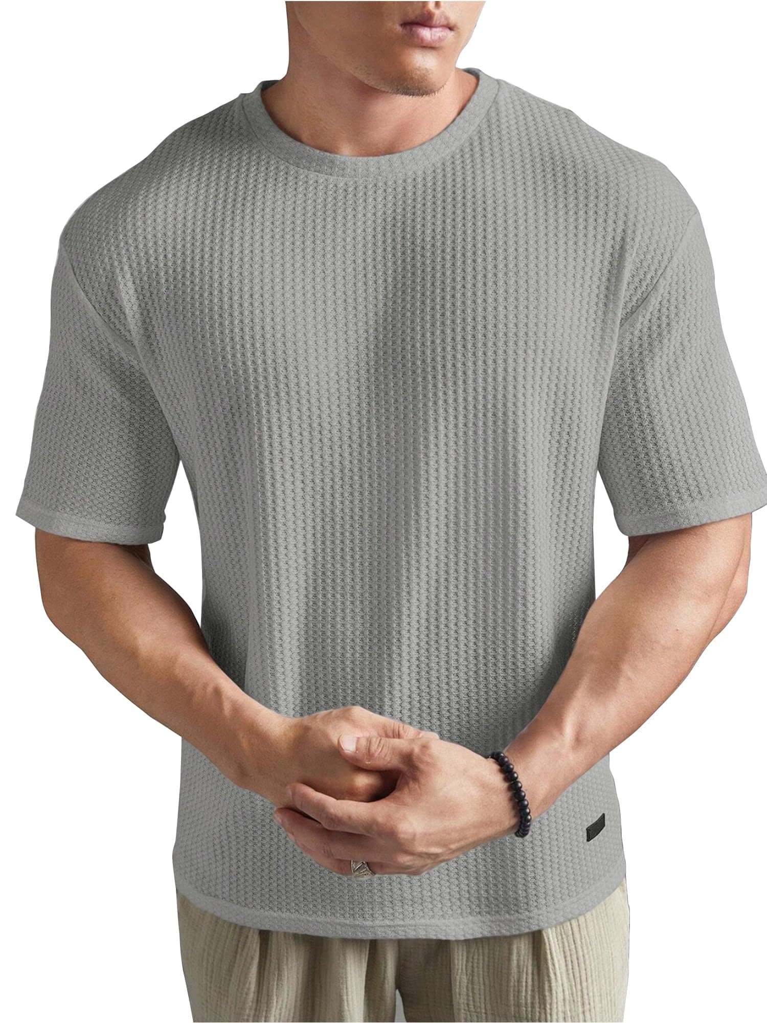 Jump Cuts Mens Round Neck 3/4th Sleeve Dark Grey Solid Waffle Polyester Oversized Fit T-Shirt