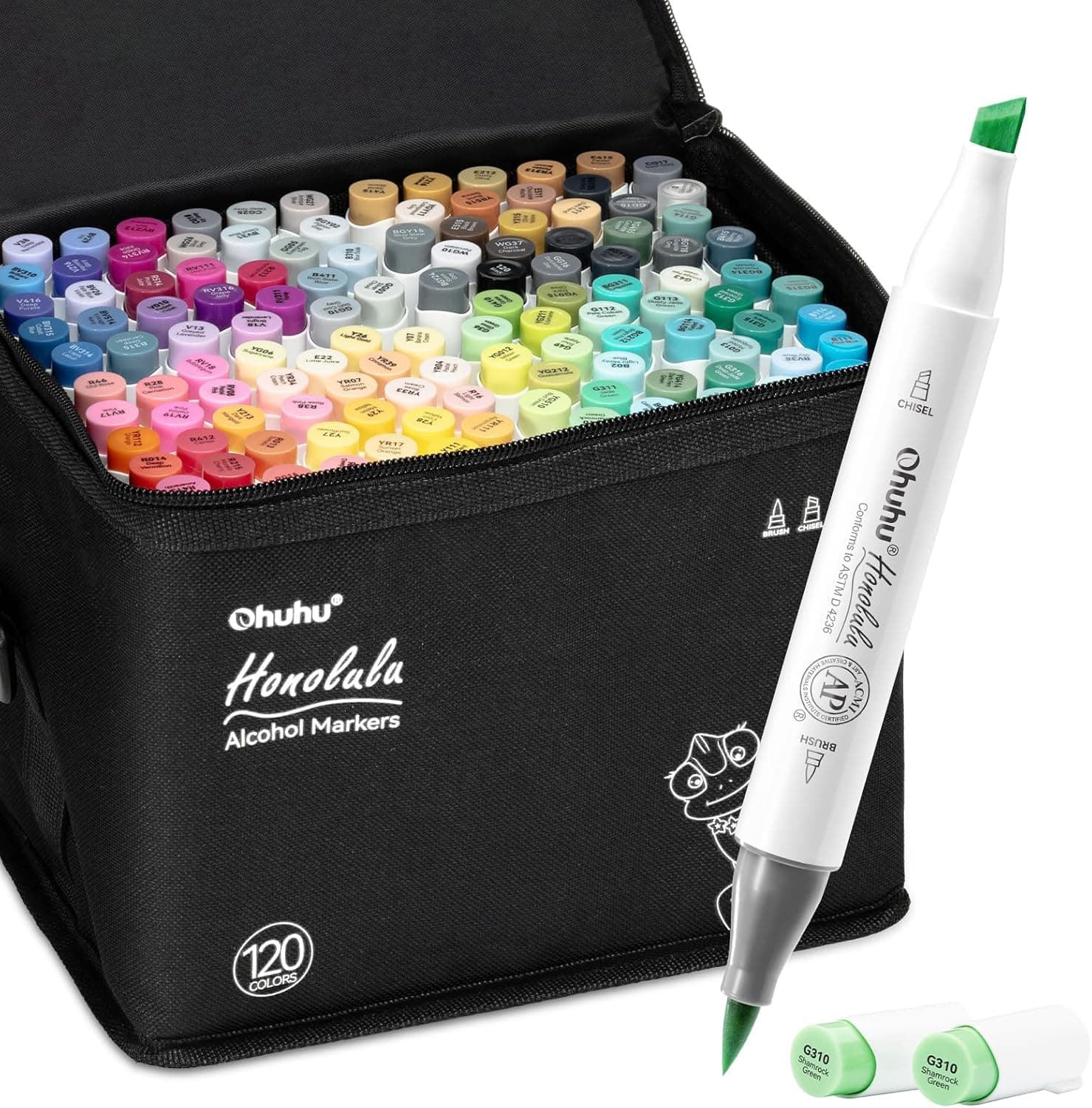Ohuhu Alcohol Markers Brush Tip-Double Tipped Art Marker Set for Artist Adults Coloring Illustration-120 Colors-Brush & Chisel Dual Tips-Honolulu B-Refillable Alcohol-Based Ink,Multi-Coloured