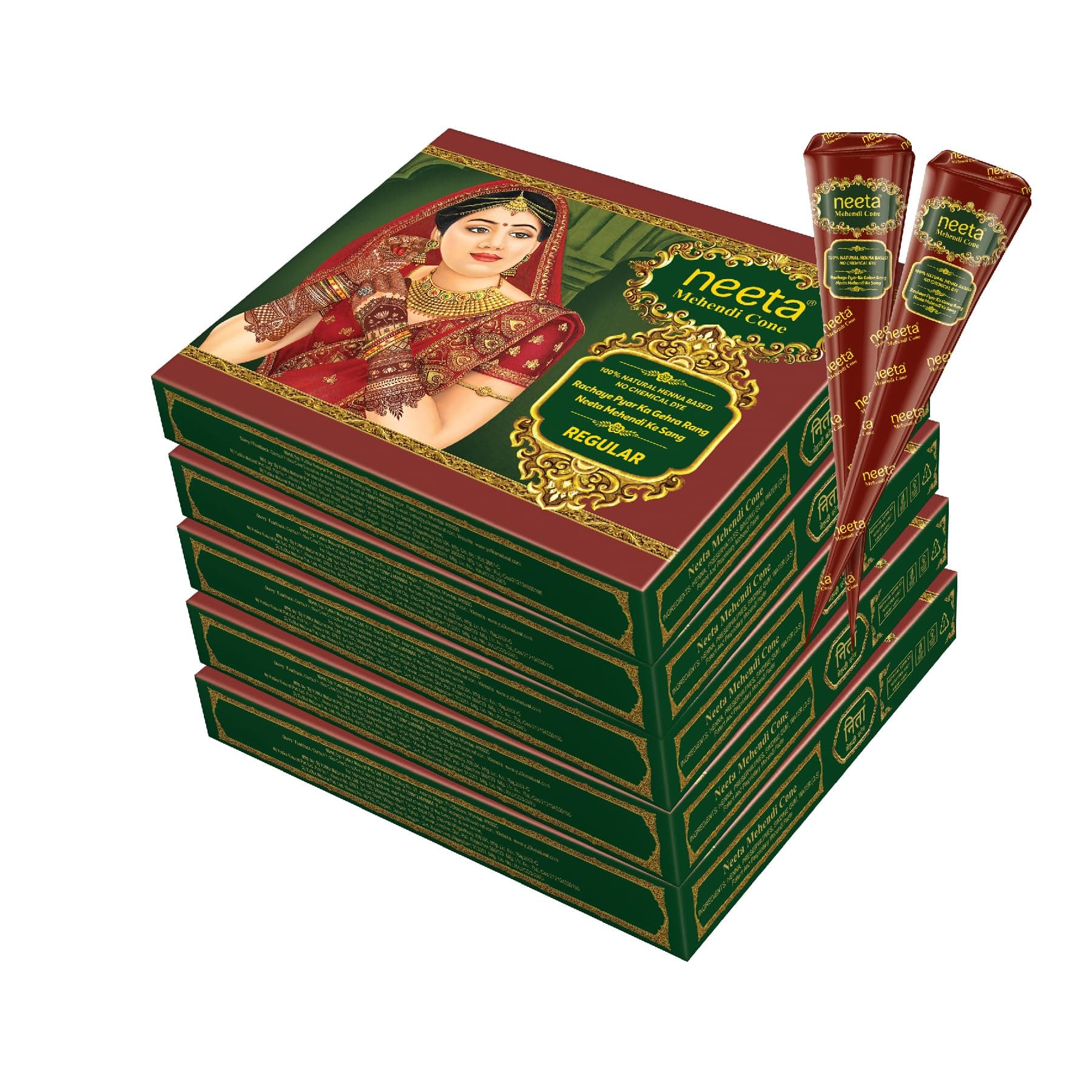 Neeta Mehendi Cones for Hand 12 Pcs in 1 Box (Pack of 5) Bridal Mehndi Cones Natural Mehendi Cone for Wedding, Hand Designing, Reddish Brown Color Long Lasting Niddle Cones for Women