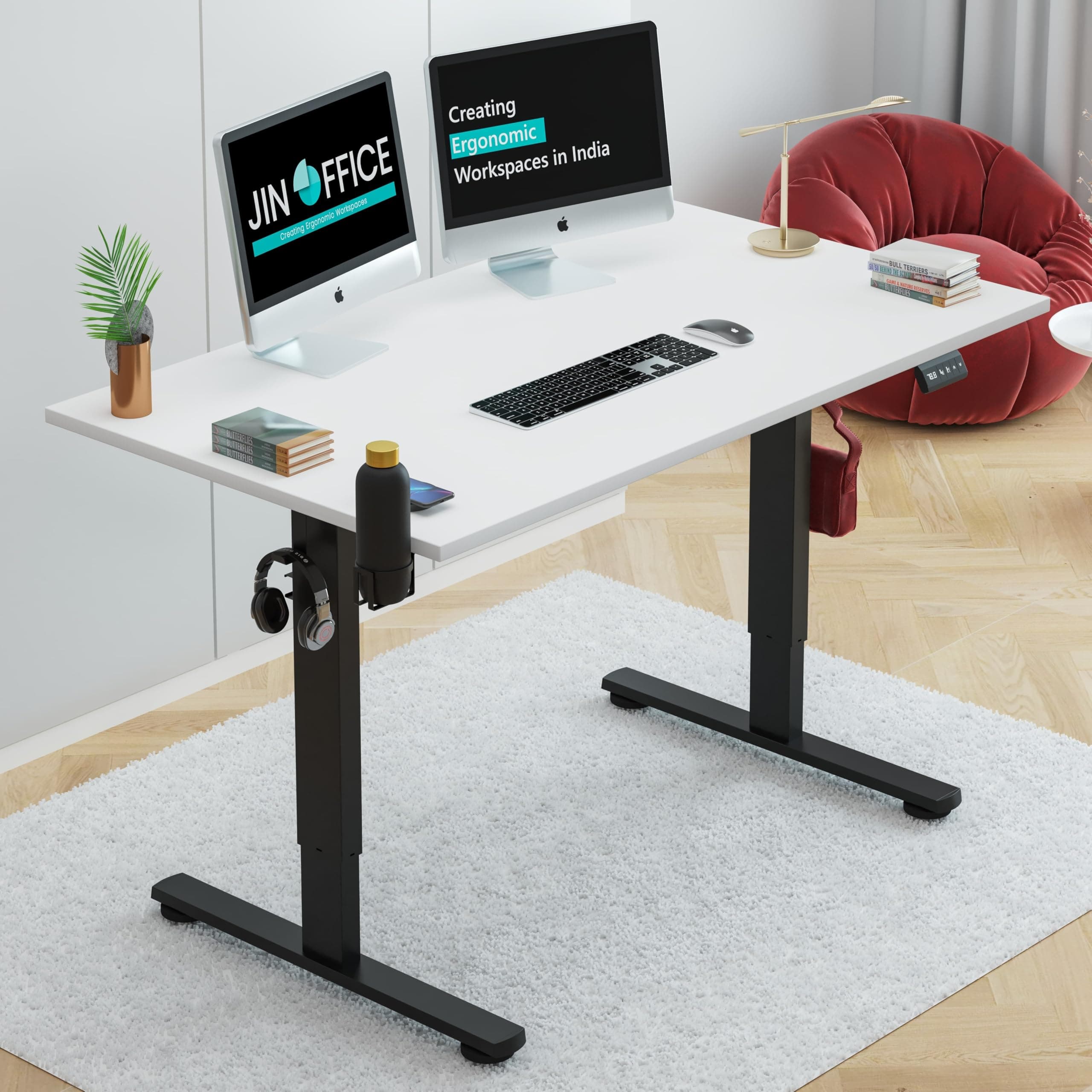 JIN OFFICE Octave Height Adjustable Desk Electric | Sit Stand Table, 80 Kg Wt. Cap, 2 Year Warranty| Standing Desk with Memory Preset, Cup Holder| Stability Crossbar| White 1200*750mm/25mm Thick Top