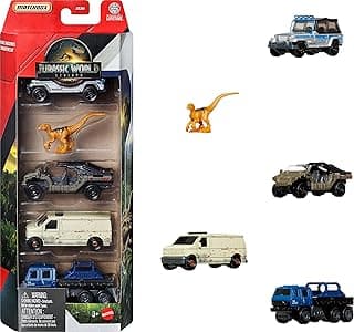 Matchbox Jurassic World Toy Cars, Trucks & Dinosaur, 5-Pack with 4 1:64 Scale Die-Cast Toy Vehicle & 1 Dinosaur from The Franchise (Styles May Vary)