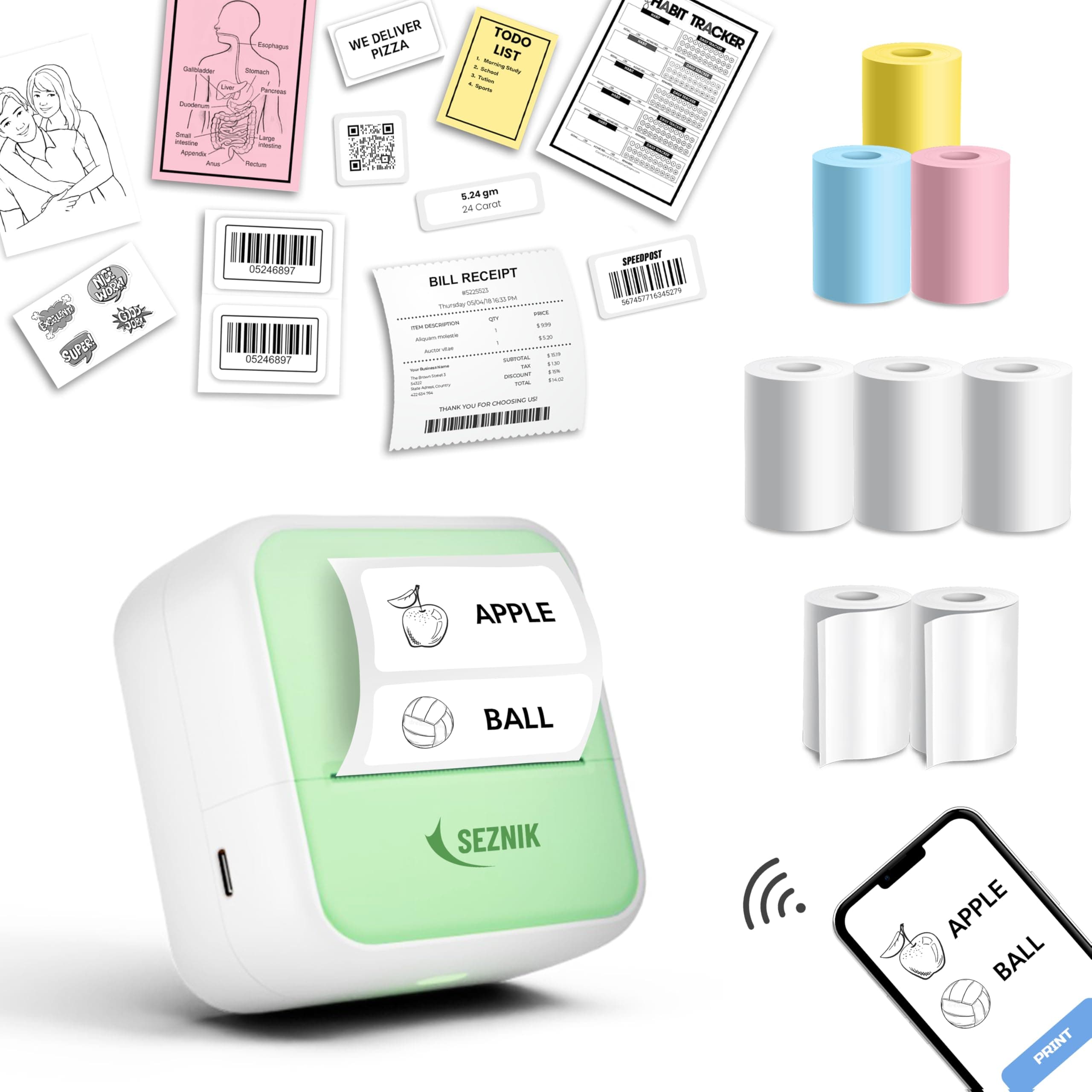 SEZNIK Mini Printer, Inkless, Thermal, Bluetooth, Portable Printer, Compatible Android, iOS Mobile. 1 Year Warranty (MiniX-Green)