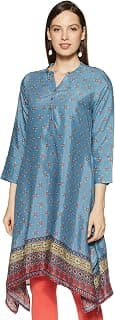 global desi Womens Mandarin Collar Printed Asymmetrical Kurta