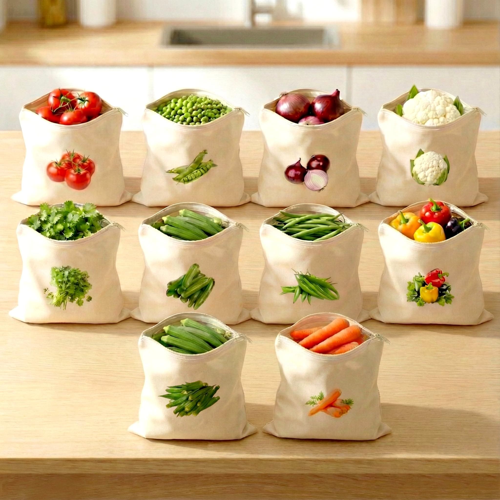 Greenfold Reusable 100% Cotton Vegetable Bags for Fridge | Eco-friendly Produce Storage Bags for Kitchen Organizer | 10 Pcs | 20 Pcs | Washable Breathable Zipper Cloth Bags for Vegetables | Vegetable Bag