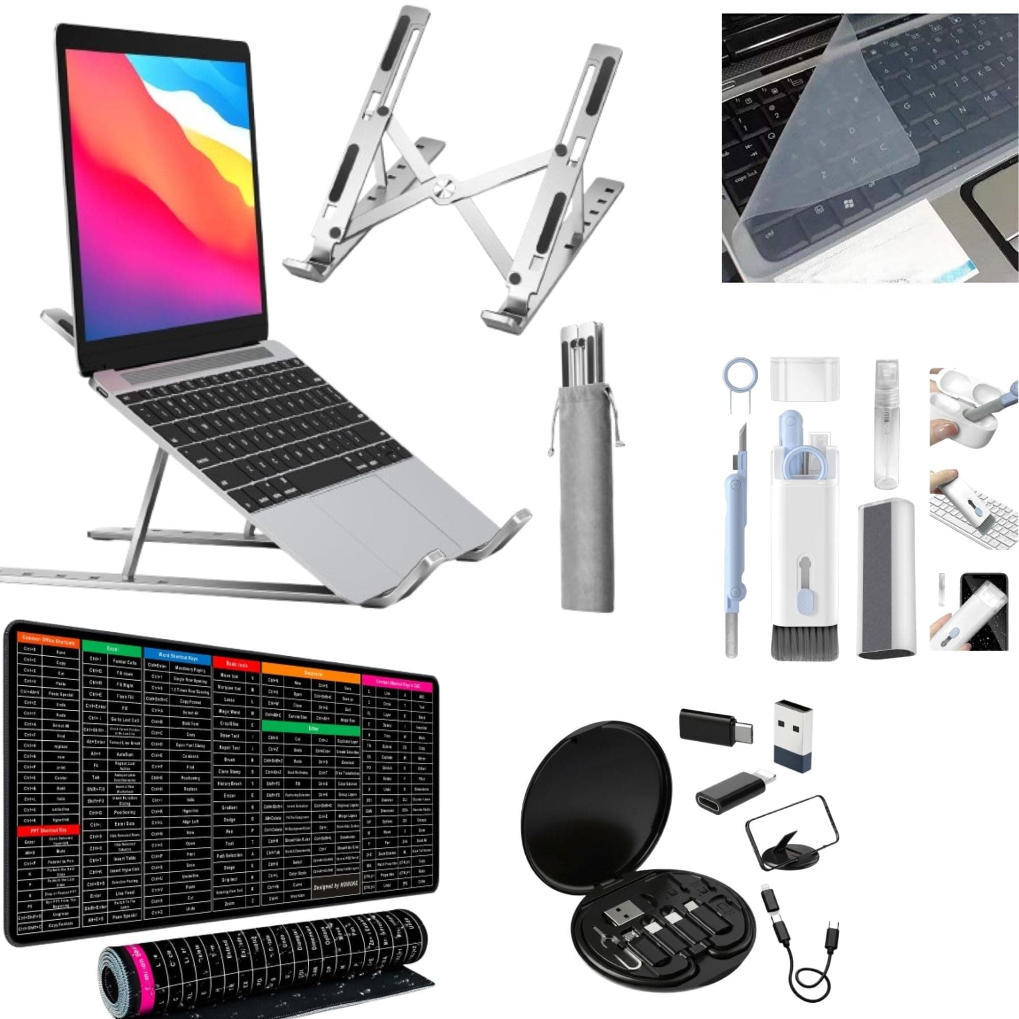 TRYV 5 Pcs Laptop Accessories Combo with Adjustable Aluminum Laptop Stand, 7-in-1 Electronic Cleaner, Silicone Keyboard Cover, Data Cable Set & Shortcut Mouse Pad for Office Study Travel