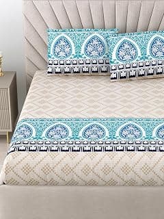 Bombay Dyeing 210 TC 100% Cotton King Size 274x274Cm / 108x108 INCHES BEDSHEET with 2 Pillow Covers Size 46x69Cm - (Beige & Blue)