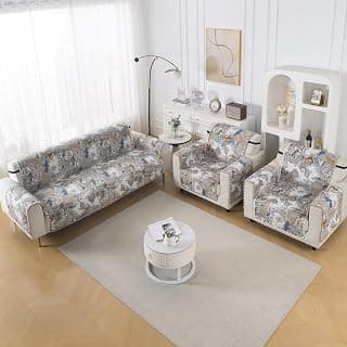 HOKIPO Reversible Quilted Sofa Cover 5 Seater Set, Washable 3+1+1 Sofa Cover, Easy Drape Series, Urban Floral (IN-1101 + IN-1099 * 2-ED4)
