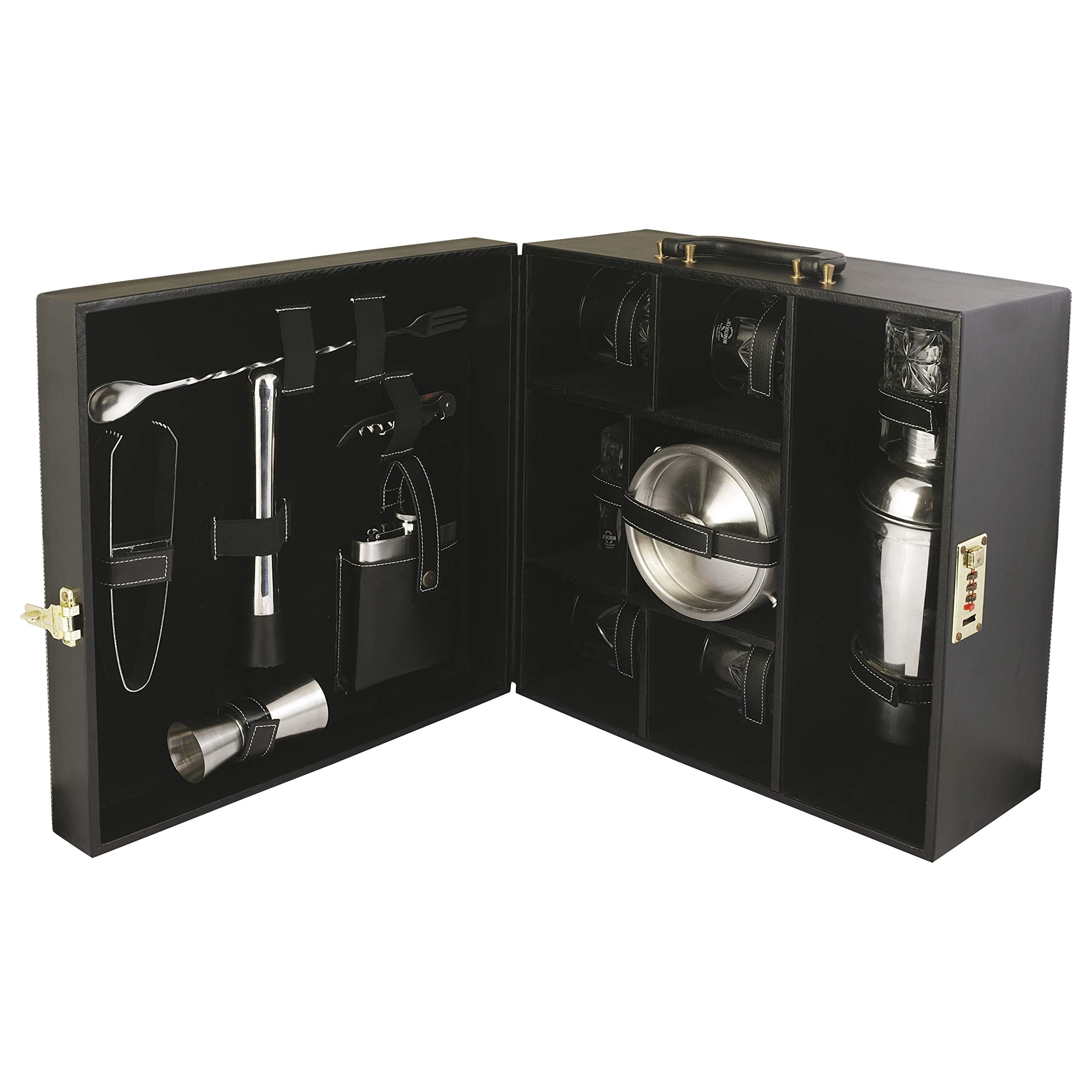 Anything & Everything Portable Leatherette Briefcase Bar Set for Picnic, Travel, and Car - Includes Whiskey Glasses (Black & Black)