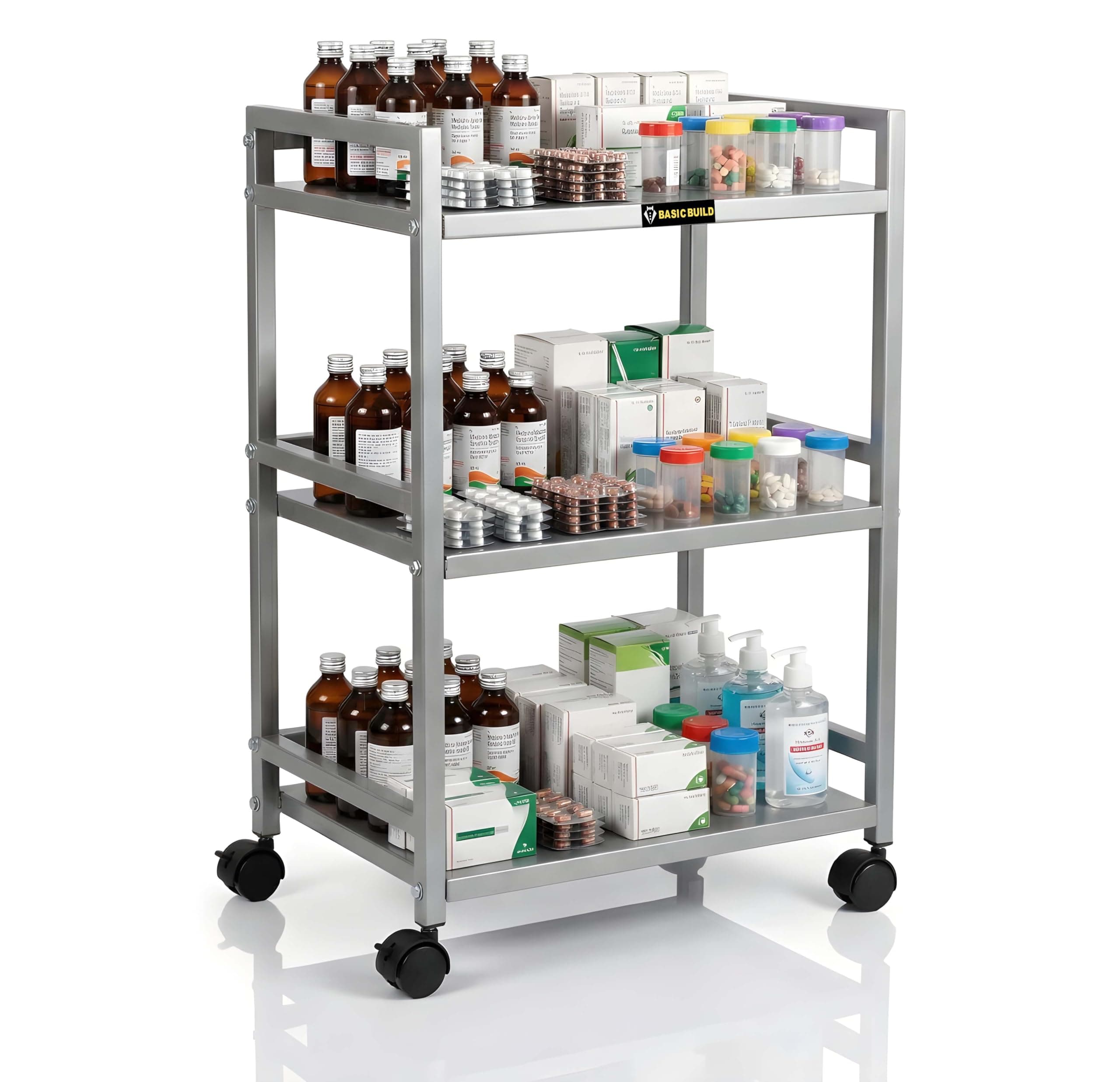 Basic Build Premium 3-Tier Hospital Trolley with 4 Wheels | Surgical Instrument & Equipment Cart for OT, Clinics & Hospitals (Silver)