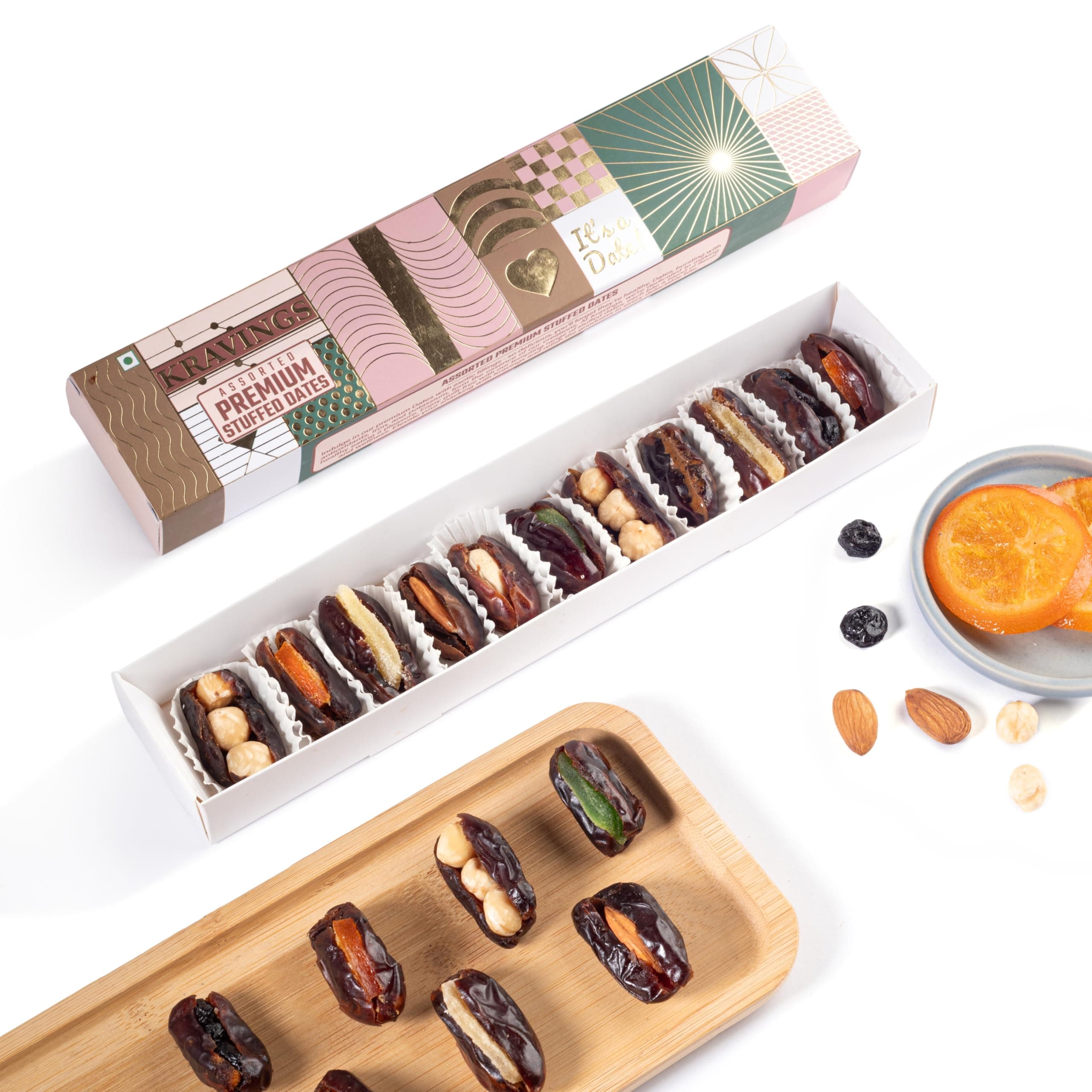 Kravings Assorted Stuffed Dates 100g, 8 Flavours with Hazelnut, Blueberry, Orange, Kiwi, Ginger, Almond, Cashew & Coffee, Low GI Healthy Dates, Stuffed Khajur Snack, Dessert & Festive Gifting Khajoor