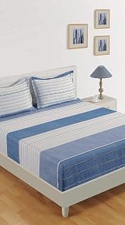 Swayam Pure Cotton King Fitted Bedsheet with 2 Pillow Covers | Size 72 x 78 x 10 inch | 210 TC | Striped Design | Soft Breathable Bed Sheet | Comfortable & Durable for Bedroom - Blue